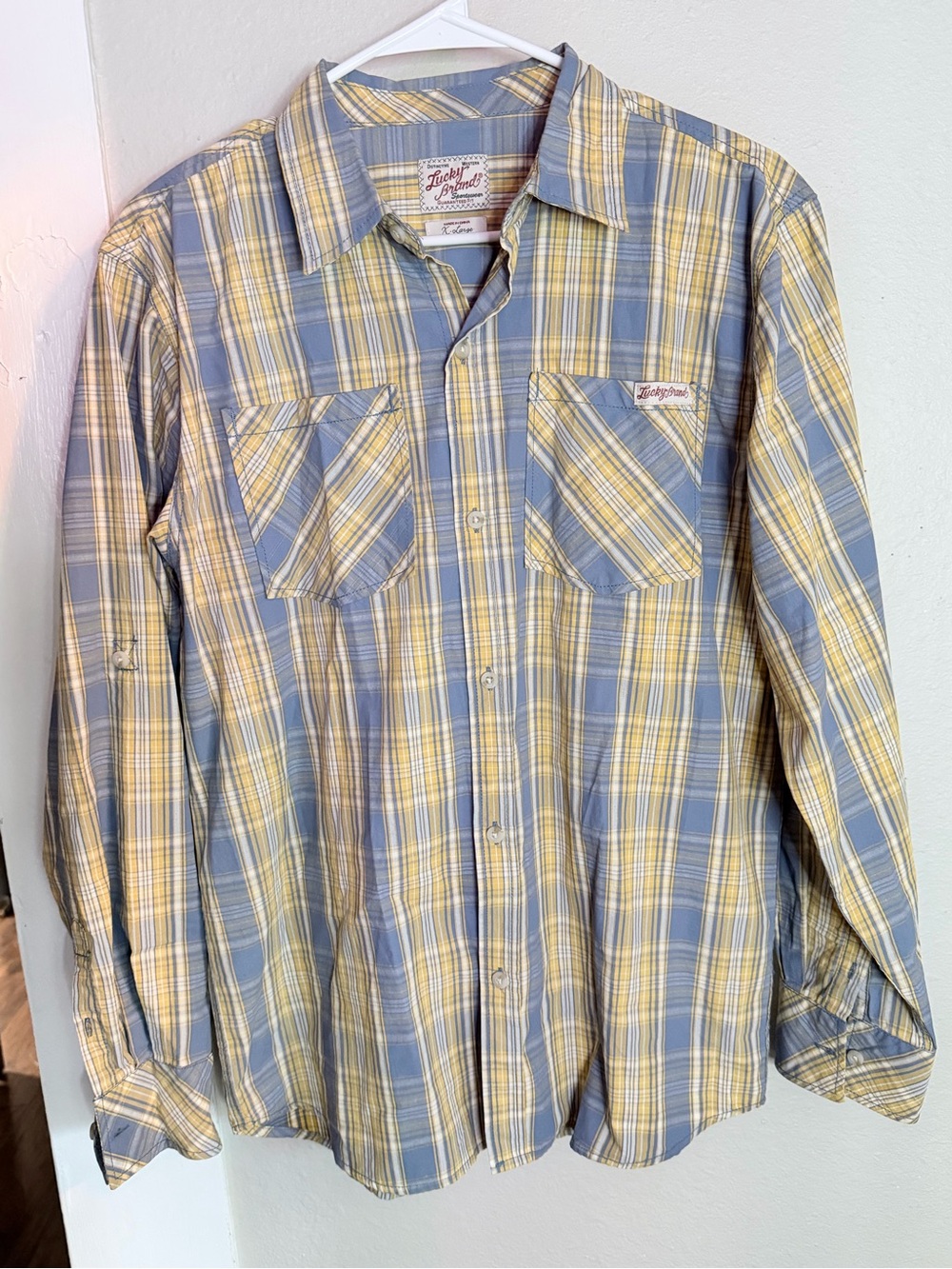 Lucky Brand Western Tan Blue Plaid Long Sleeve XL